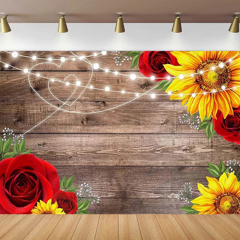 Sunflower Rose Rustic Wood Photography Backdrop Baby Shower Birthday Party Background Valentines Wedding Bridal Shower Decor