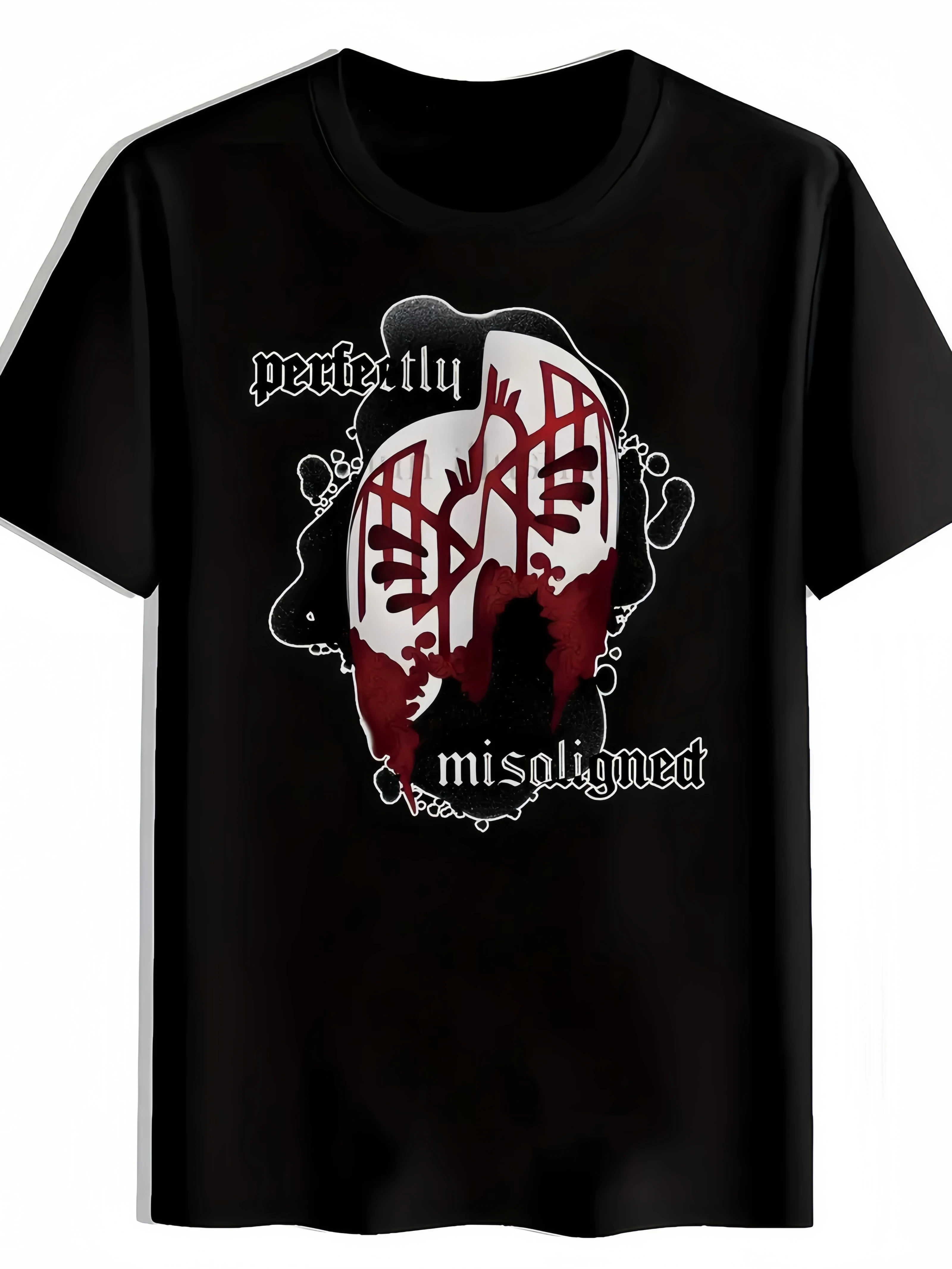 

Men'S Retro Rock Band Graphic T-Shirt - "Perfectly Misaligned" Design with Skull & Hearts, Black Crew Neck Short Sleeve Tee