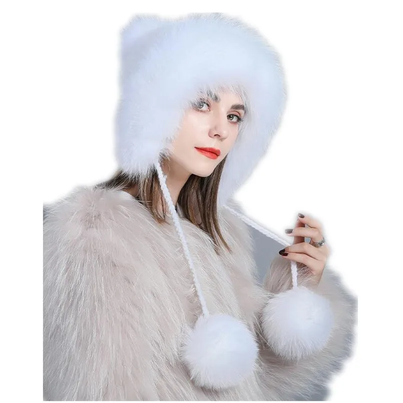 

Women Knitted Lining Hand Woven Hat Natural Mink Fur Bomber Hat with Earflap Warm Real Fox Fur Pompom Winter Headwear