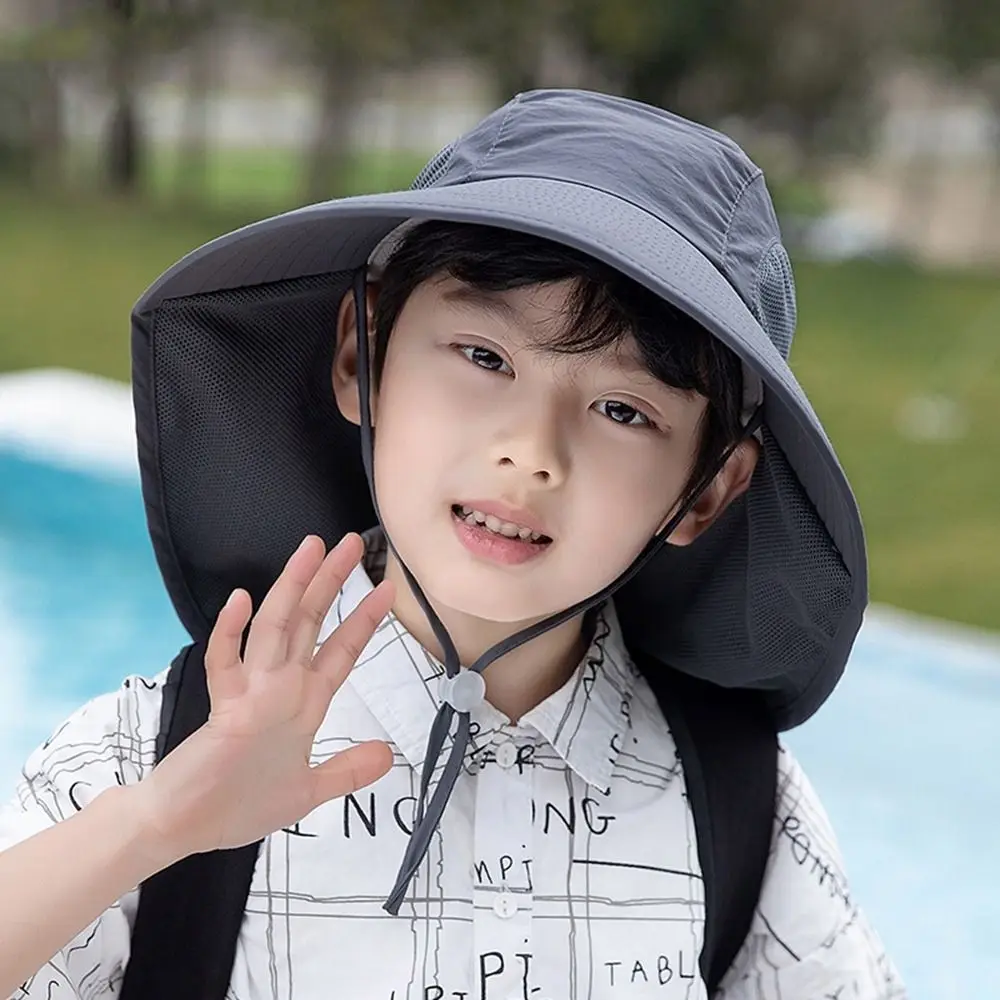 Simple Solid Color Children Bucket Hat Wide Brim Visor Cap Sunscreen Cap Sun Protection Drawstring Summer Sun Hat Beach
