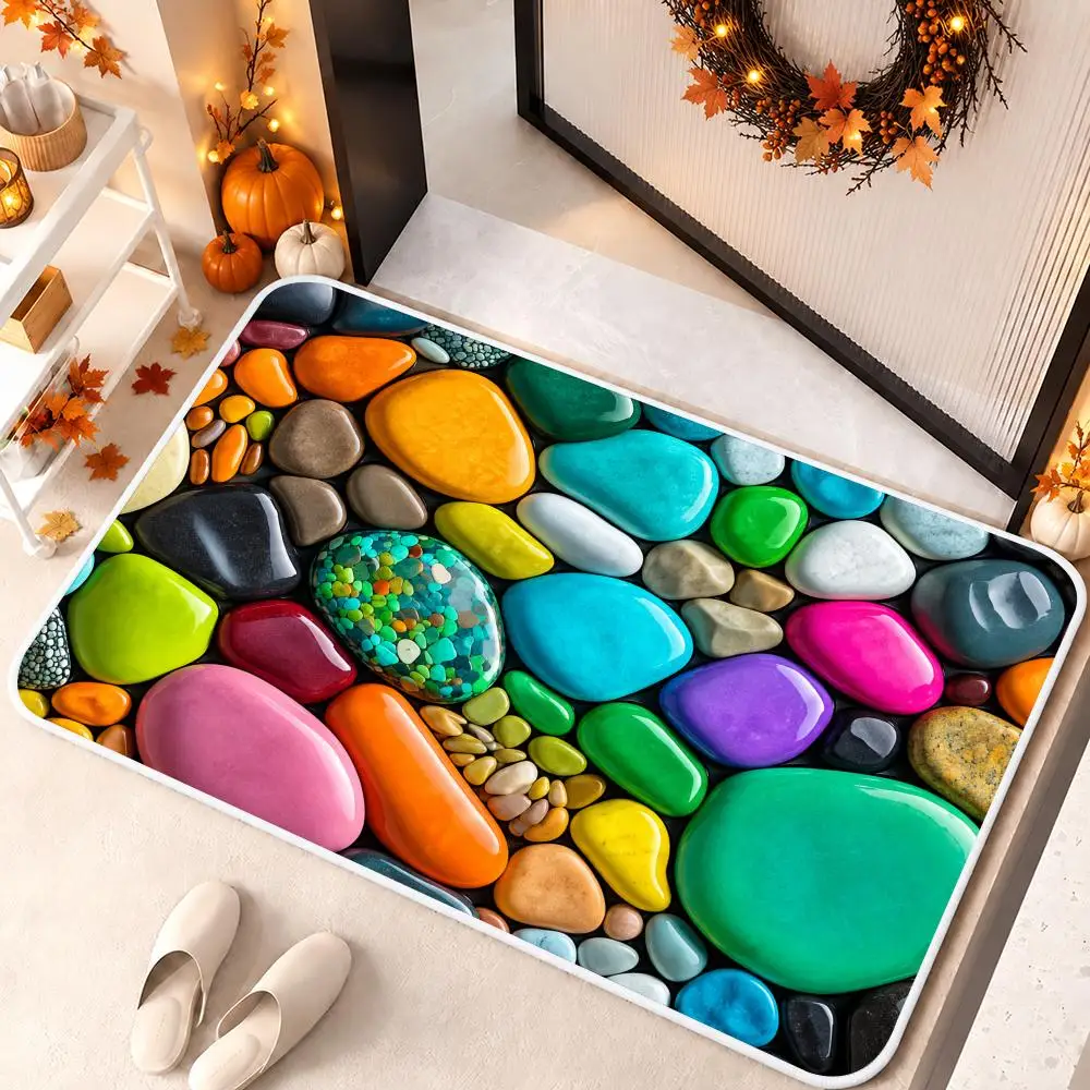 Jewel Pebble Mosaic Floor Mat Soft Flannel Floor Mat Cloud Feel Non-slip Bath Rug Machine Washable Foam Carpet Door Mat