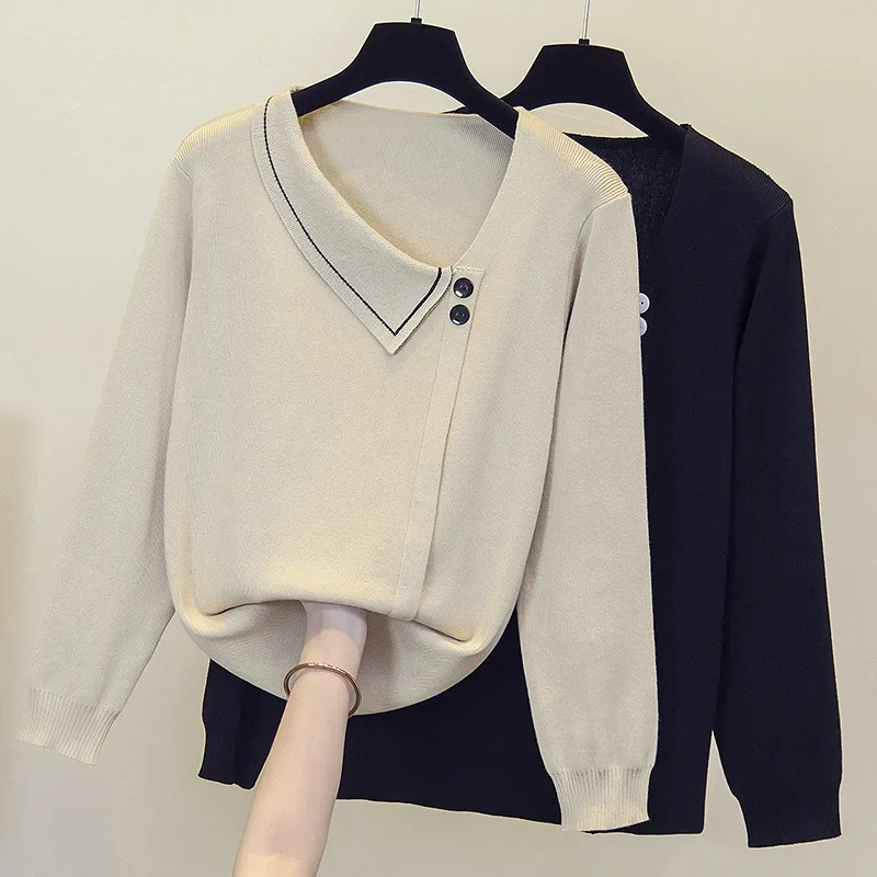 

Slimming Large Size Women's Spring New Style Asymmetrical Loose Base Shirt Fashionable Young-looking Korean Style Knitted Top