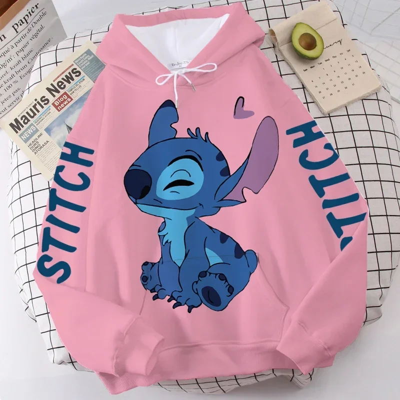 Damen Langarm Übergroßer Kapuzenpullover MINISO Disney Gothic Kawaii Lilo & Stitch Muster Sweatshirt Y2k Wintermode Mantel Sale