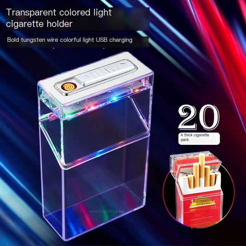 Multifunctional Colorful Light Transparent Cigarette Box Tungsten Wire Ignition Lighter 20 Coarse Cigarette USB Charging Lighter