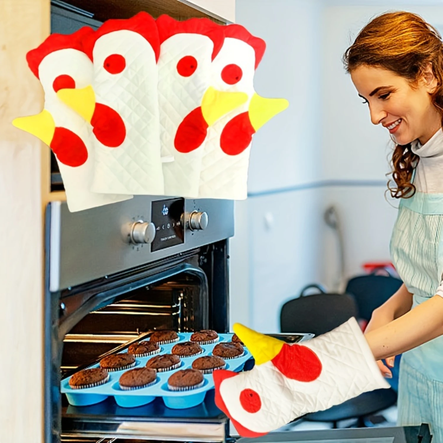 Rooster Trim Oven Mitts, Washable Cute Oven Mitts, Oven Mitts/Glove, Printed Rooster Heat Resistant Oven Gloves, Hot Mitts For K