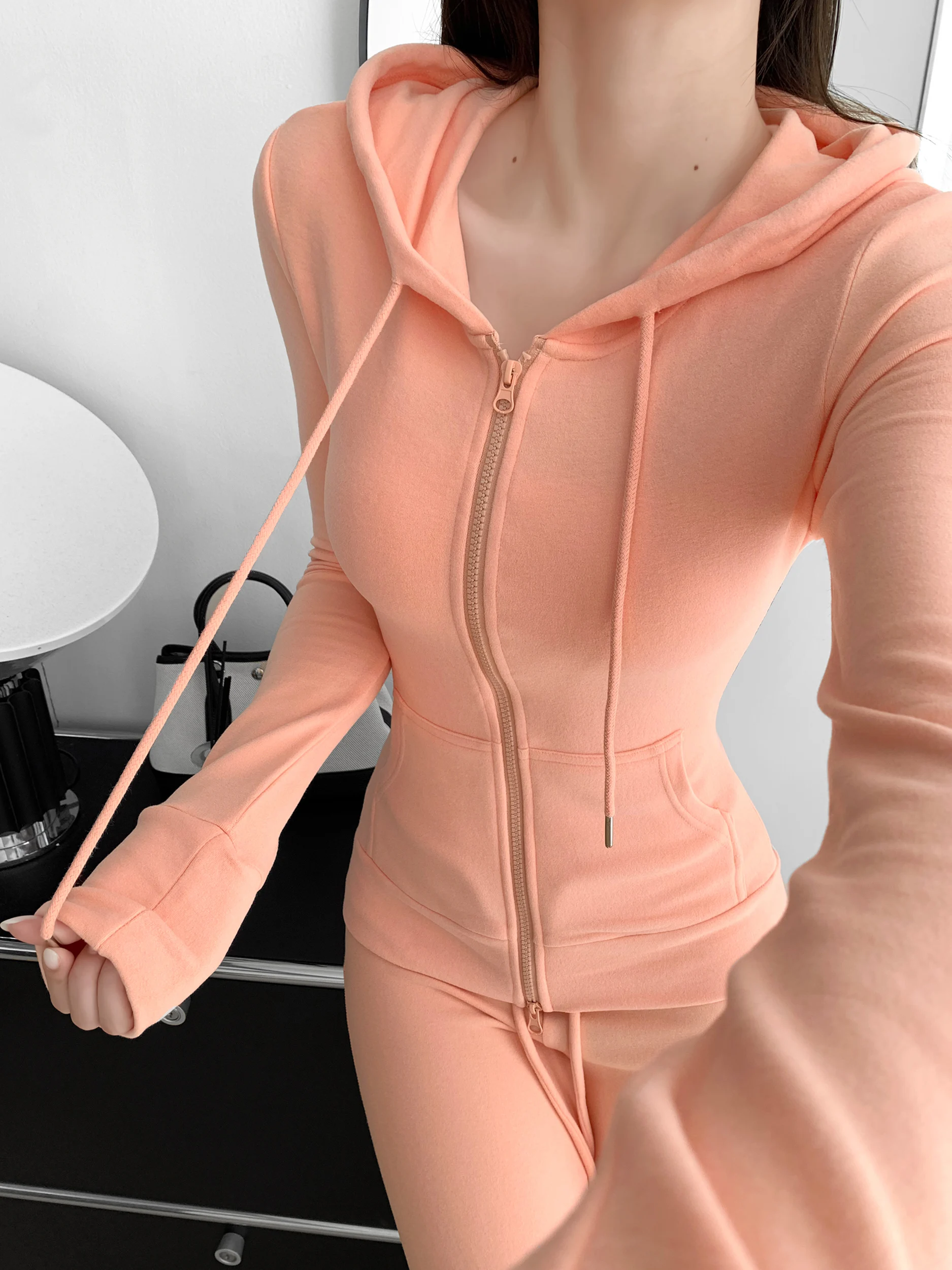 Autumn Winter Women's High Elasticity Velvet Set Low Waist Draped Micro Flared Pants Slim Fit Hoodie Casual Sportswear