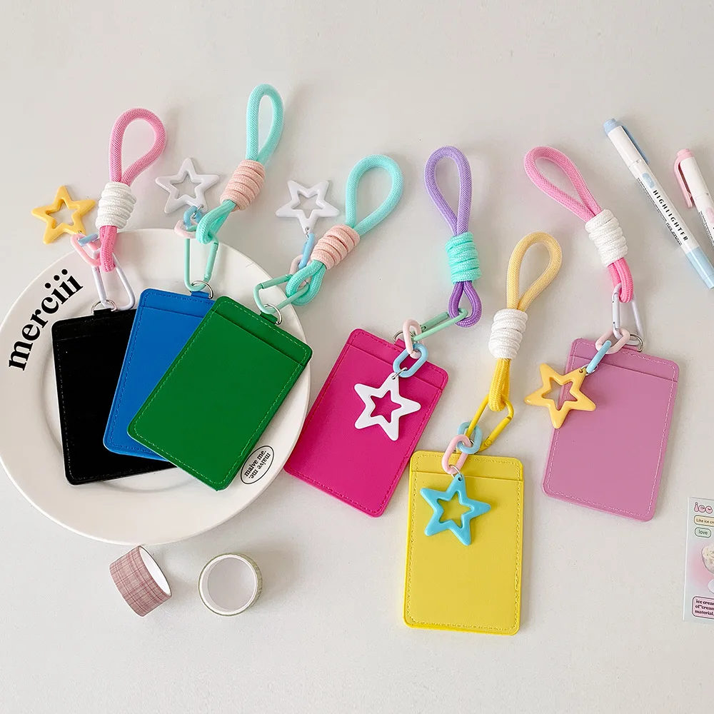 Chasing ID Card Protective Cover Cute Candy Color PU Card Holder Star Hanging Decoration Student Meal Card Storage Card Holder