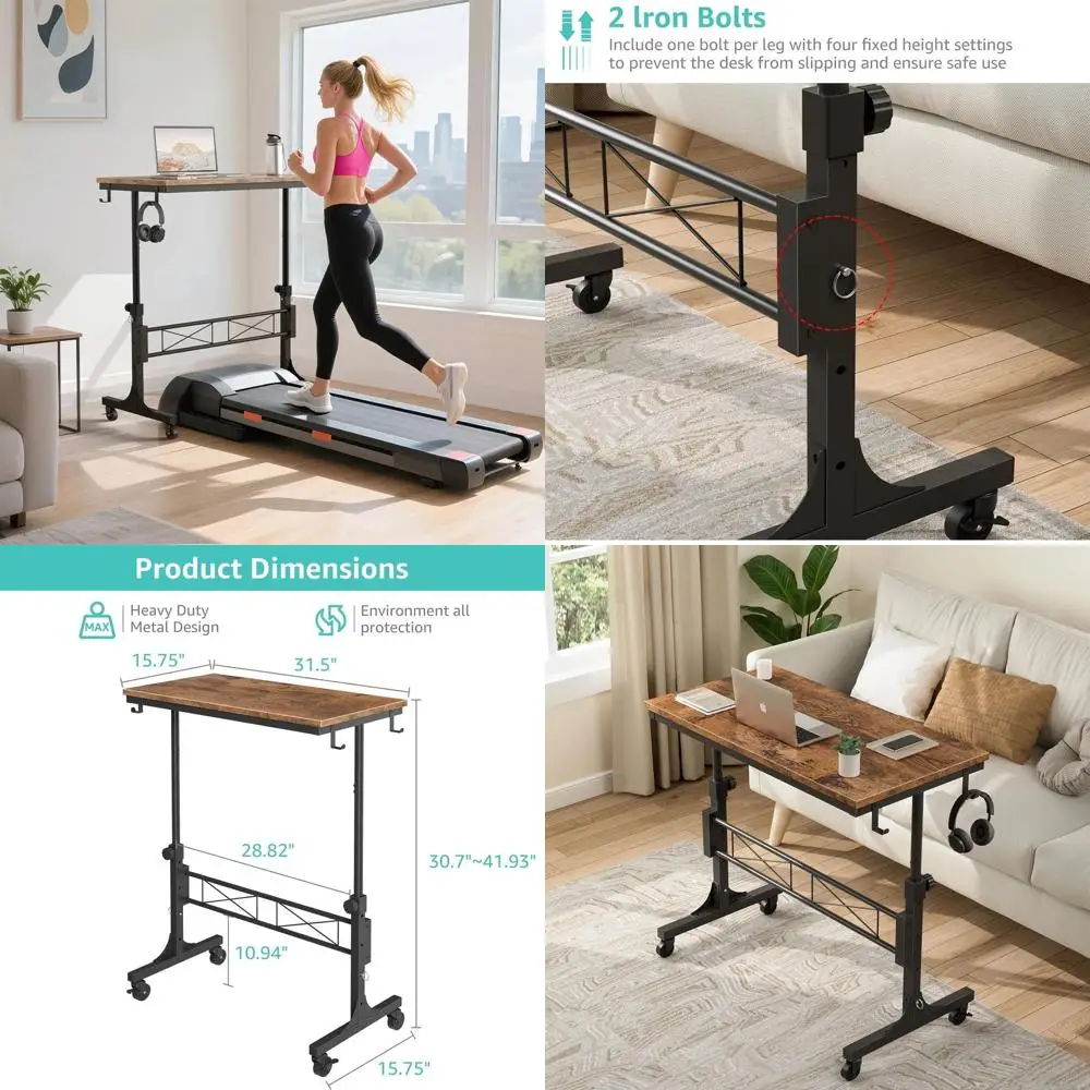 

Small Portable Rolling Standing Desk - 32 Inch Adjustable Height Mobile Stand Up Desks with Wheels for Treadmill Walking Pad, Te