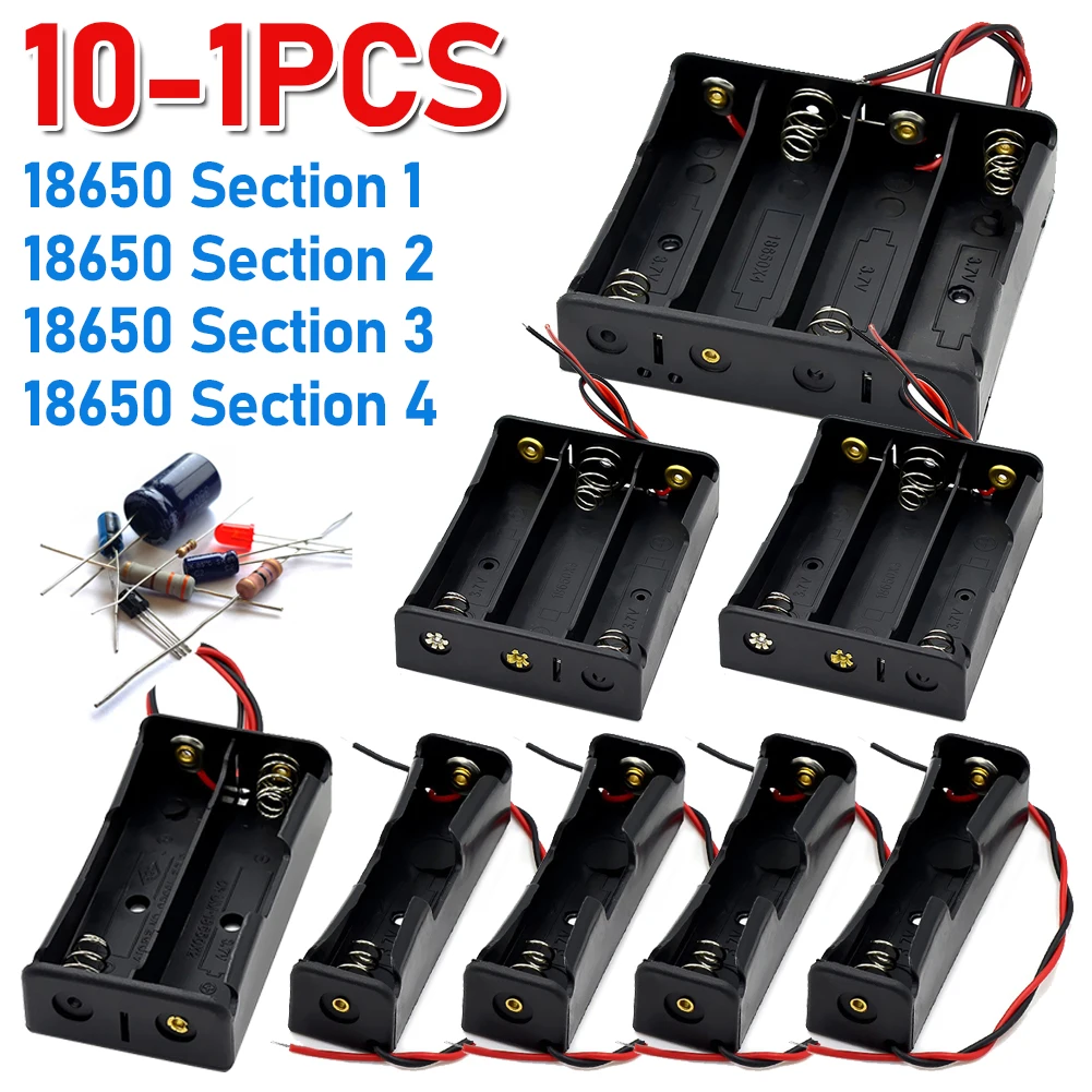 10-1pcs 1 2 3 4 Slot Plastic 18650 Battery Holder with Wire Lead Black 18650 Battery Storage Box Case for 18650 3.7V Battery