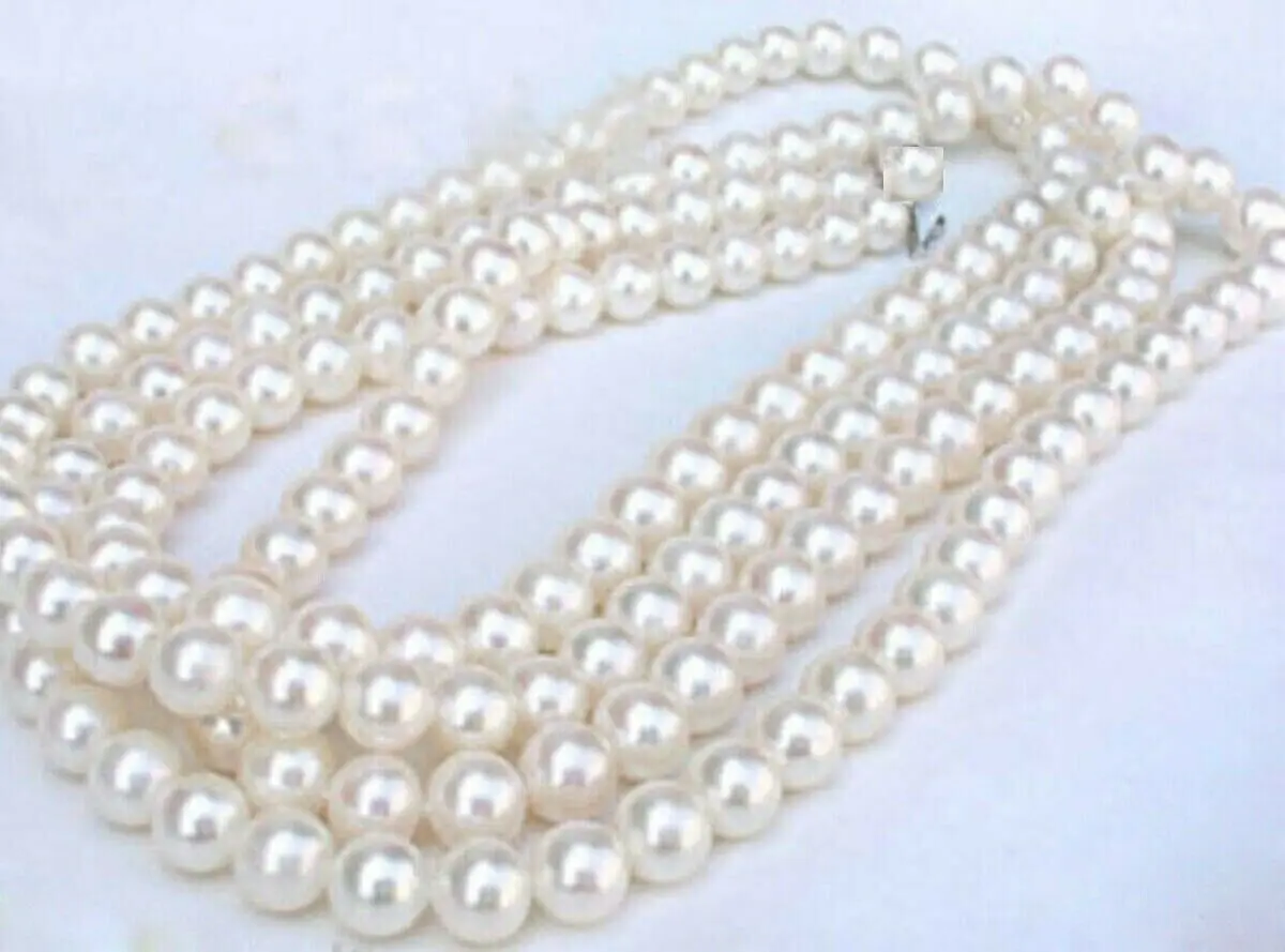 

50" 7-8mm AAAAA Perfect Akoya White Pearl Necklace 14k Solid Gold Buckle