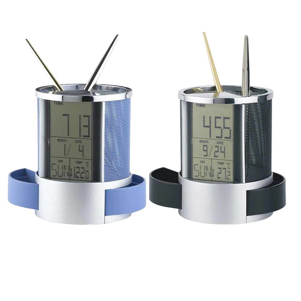 Multifunctional Mesh Pen Pencil Holder Digital LCD Office Desk ALarm Clock Time Temperature Calendar Function
