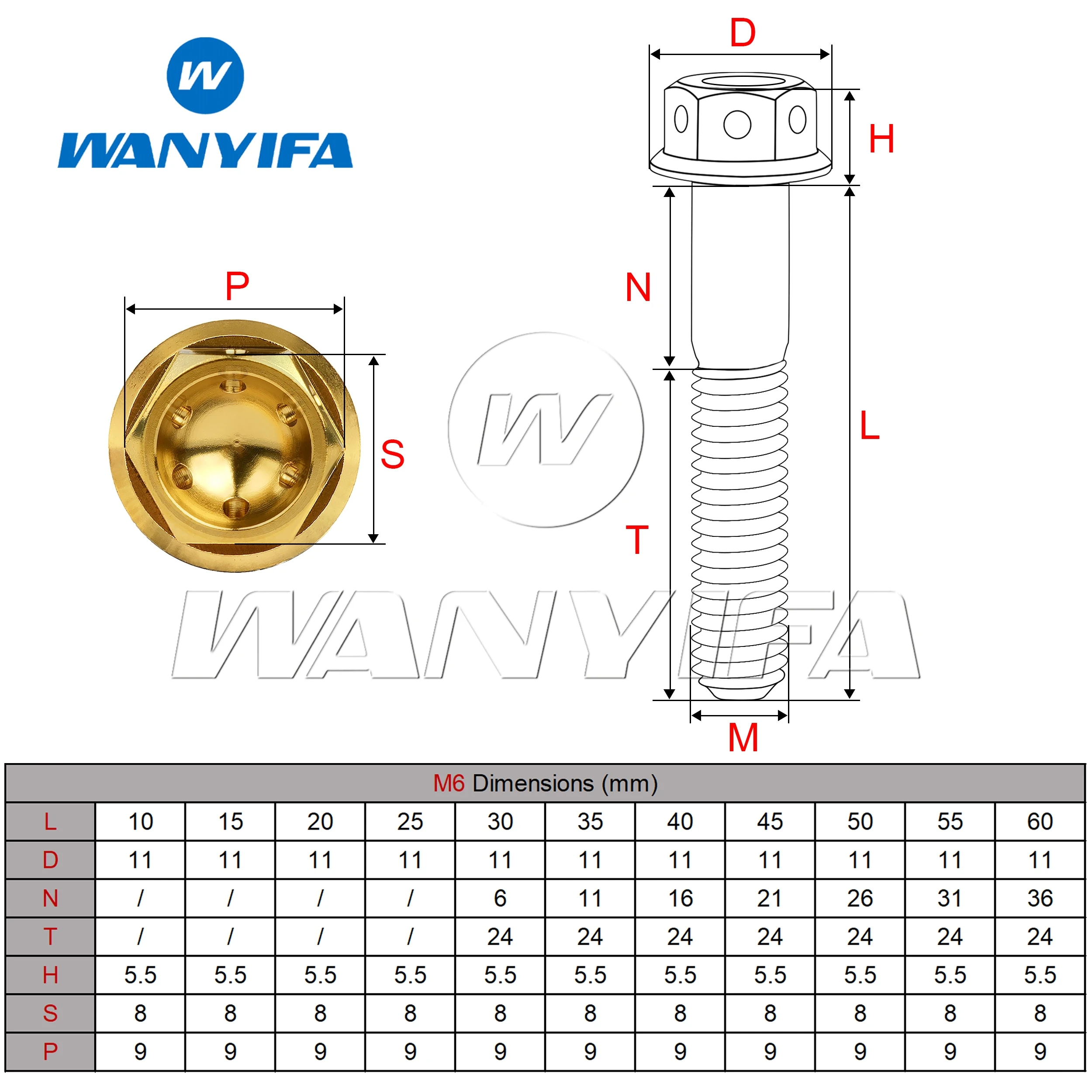 Wanyifa 5/12pieces Titanium Bolts M6x10-60mm Flange Cup-shaped external hexagon Screws with Hole for Motorcycle Modifications