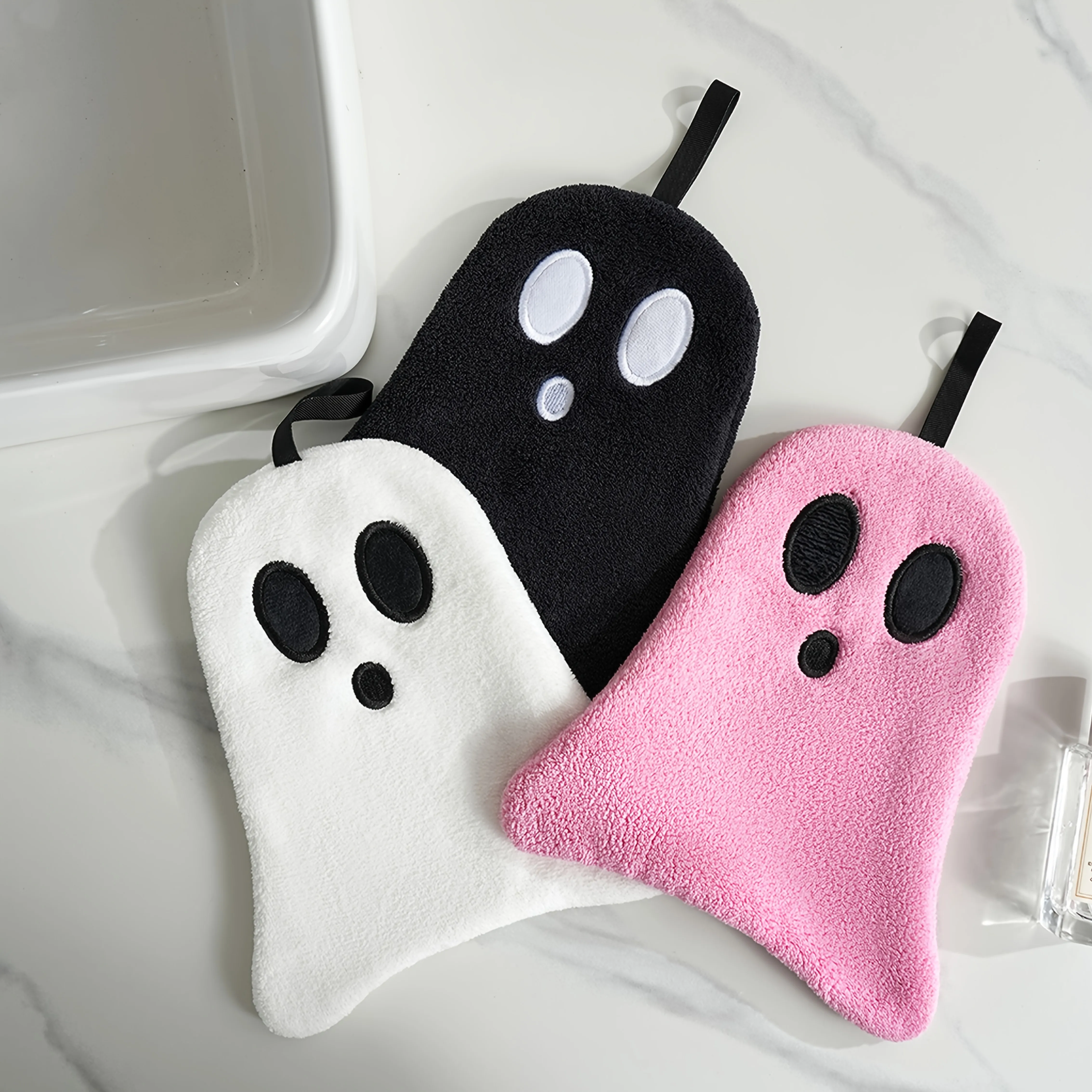 منشفة يد للحمام للهالوين - صوف مرجاني ناعم وماص، تصميم مخيف باللونين الأبيض والأسود، مثالية لديكور المنزل والمطبخ