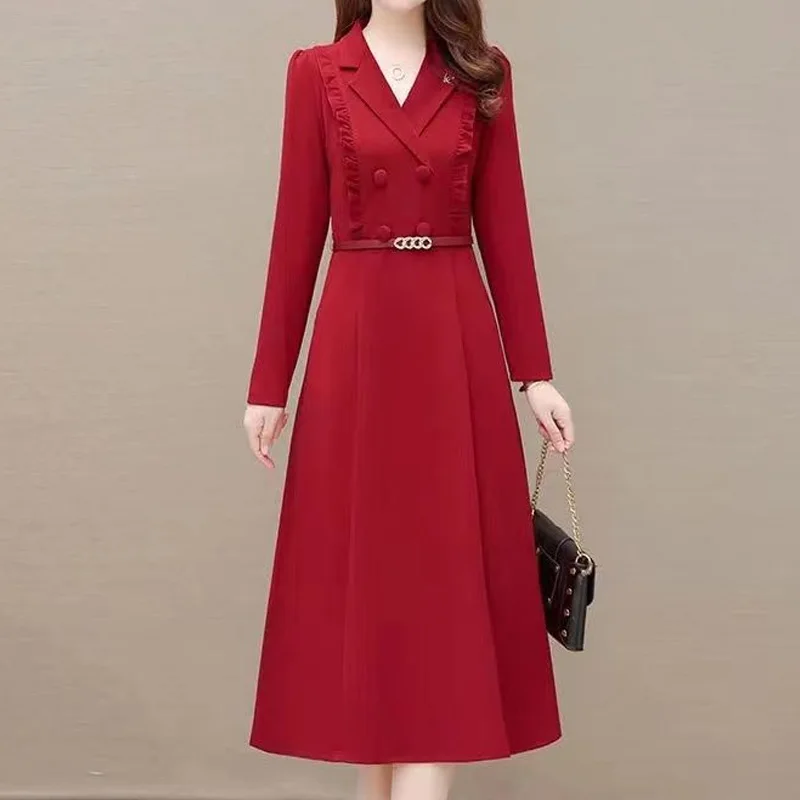 Temperament Solid Color Long Sleeve Casual Dresses Buttons 2023 New Office Lady Dresses Temperament Fashion Women\'s Clothing