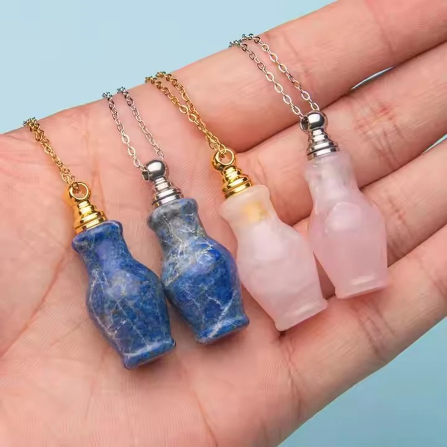 natural crystal Vase gourd perfume bottle pendant Necklace Aromatherapy Oil with Natural Stone Made from Jade Unique Jewelry