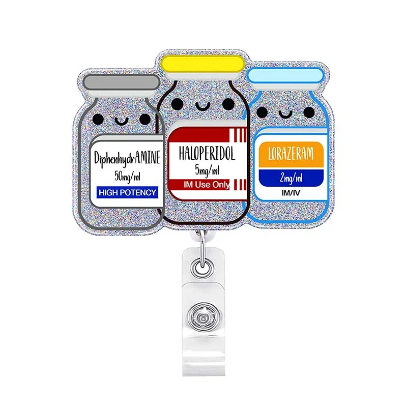 Botella de medicina acrílica brillante, carrete de insignia de enfermera y Doctor, soporte de identificación retráctil con Clip de cocodrilo