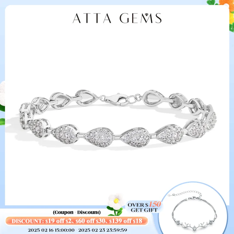 ATTAGEMS Luxury Moissanite Bracelet for Women Pear Shape Full D Color VVS1 Diamond S925 Silver White Gold Plated Wedding Jewelry