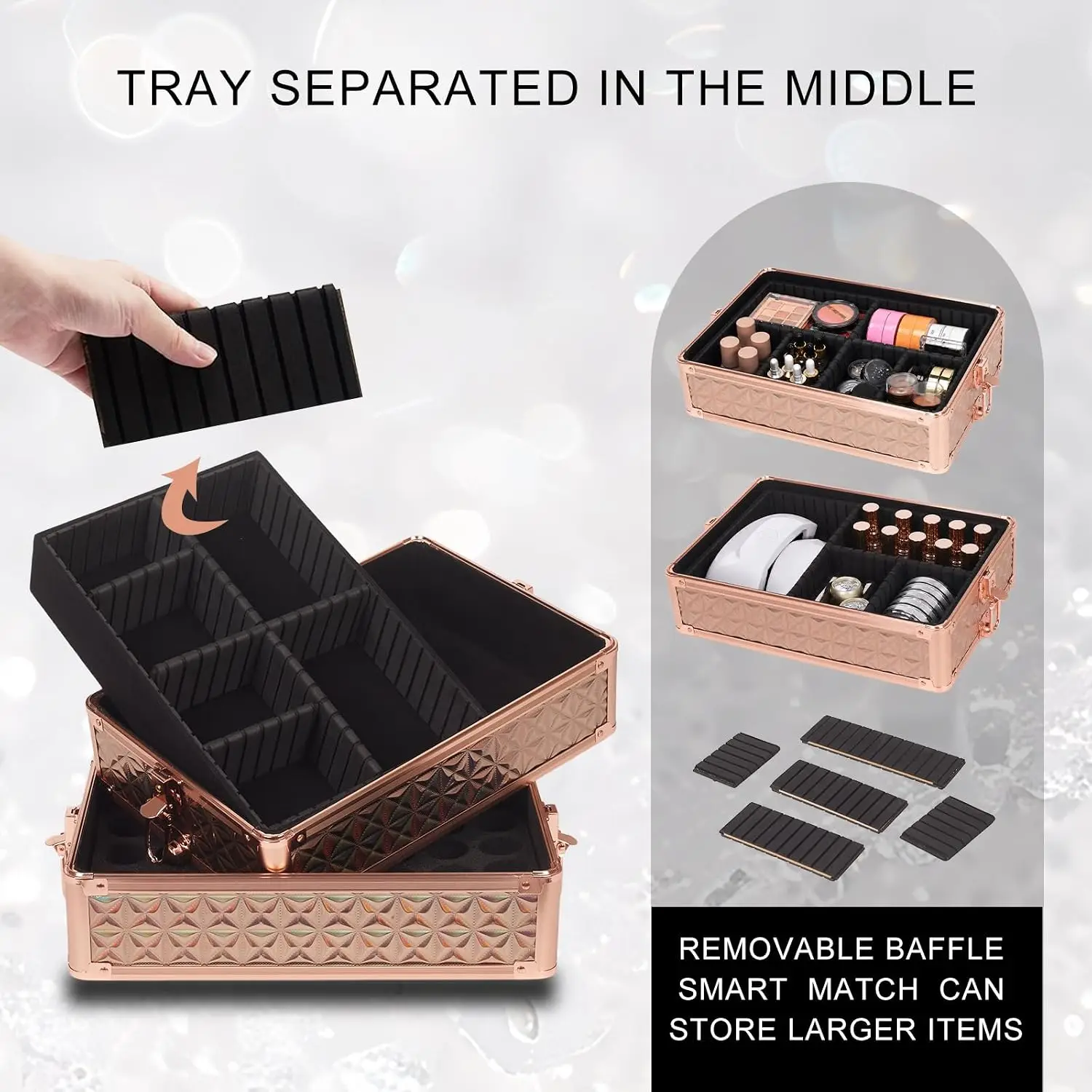 Professional Rolling Makeup Train Case Large Cosmetic Organizer With Mirror And Security Lock, Multi Layer Detachable Travel Storage Box For Cosmetologists Hairstylists And Nail Artists, Gold Holographic view 5