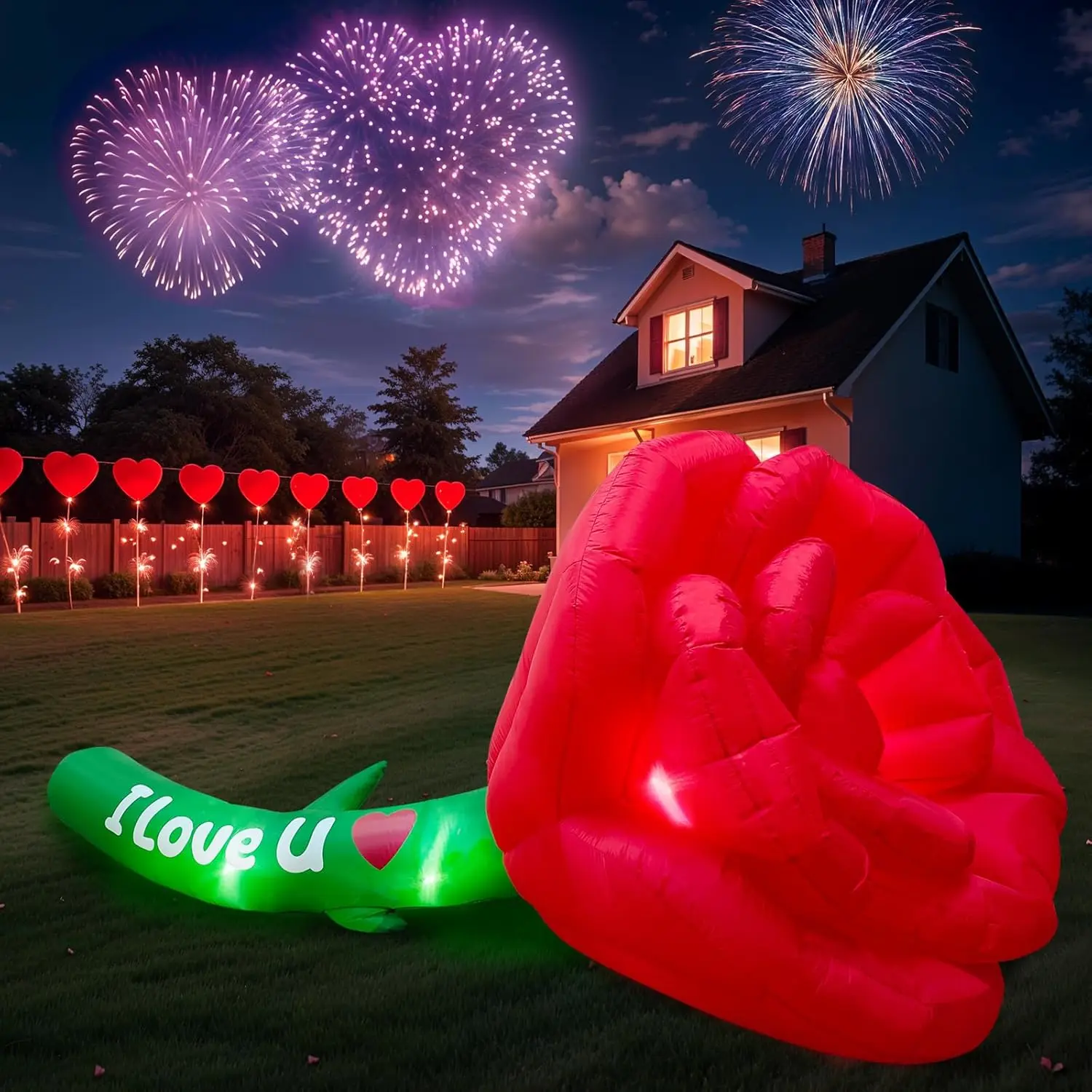 12FT Valentines Day Inflatables Outdoor Decorations Giant Inflatable Rose with I Love You Sign Blow Up Wedding Party Decor Gifts