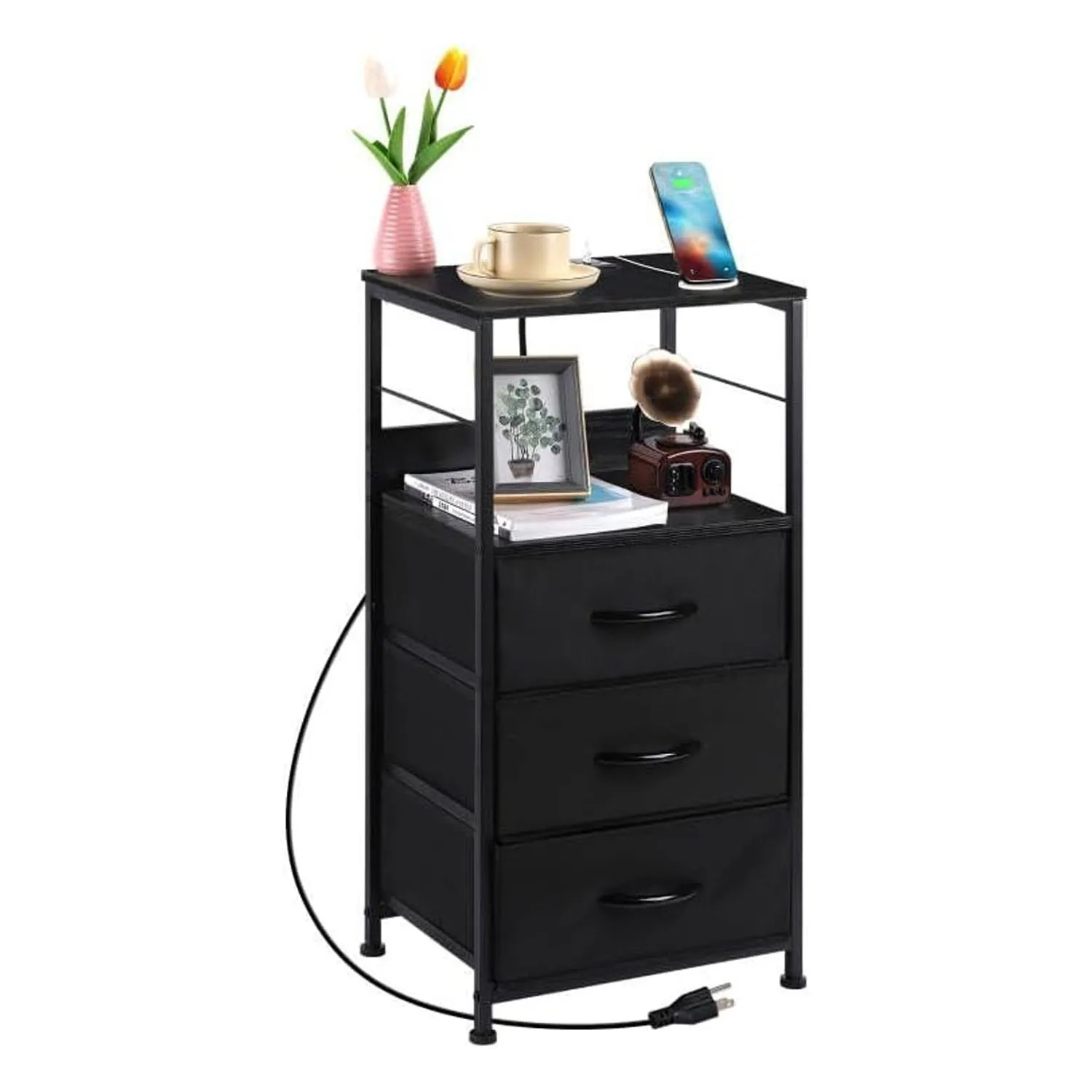 Nightstand with Charging Station, Side Table with Fabric Drawers, End Table with USB Ports and Outlets for Bedroom and Living Ro