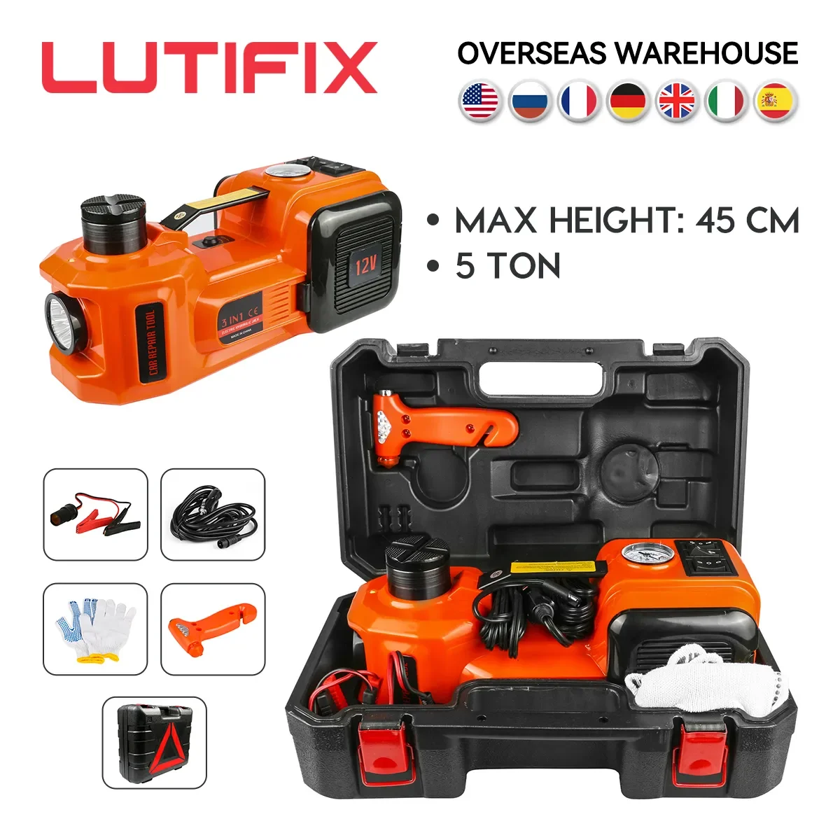 LUTIFIX Car Jack Electric 12V 5T 45cm 3 in 1 Electric Hydraulic Floor Rolling Jack Tire Inflator Pump LED Flashlight Safe Hammer