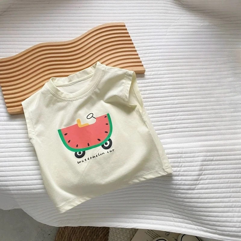 Ärmelloses Tanktop mit Wassermelonen- und Auto-Print für Kleinkinder, bunt gestreifte, lockere Shorts, 2-teiliges Sommer-Freizeit-Outfit-Set – Detail 3