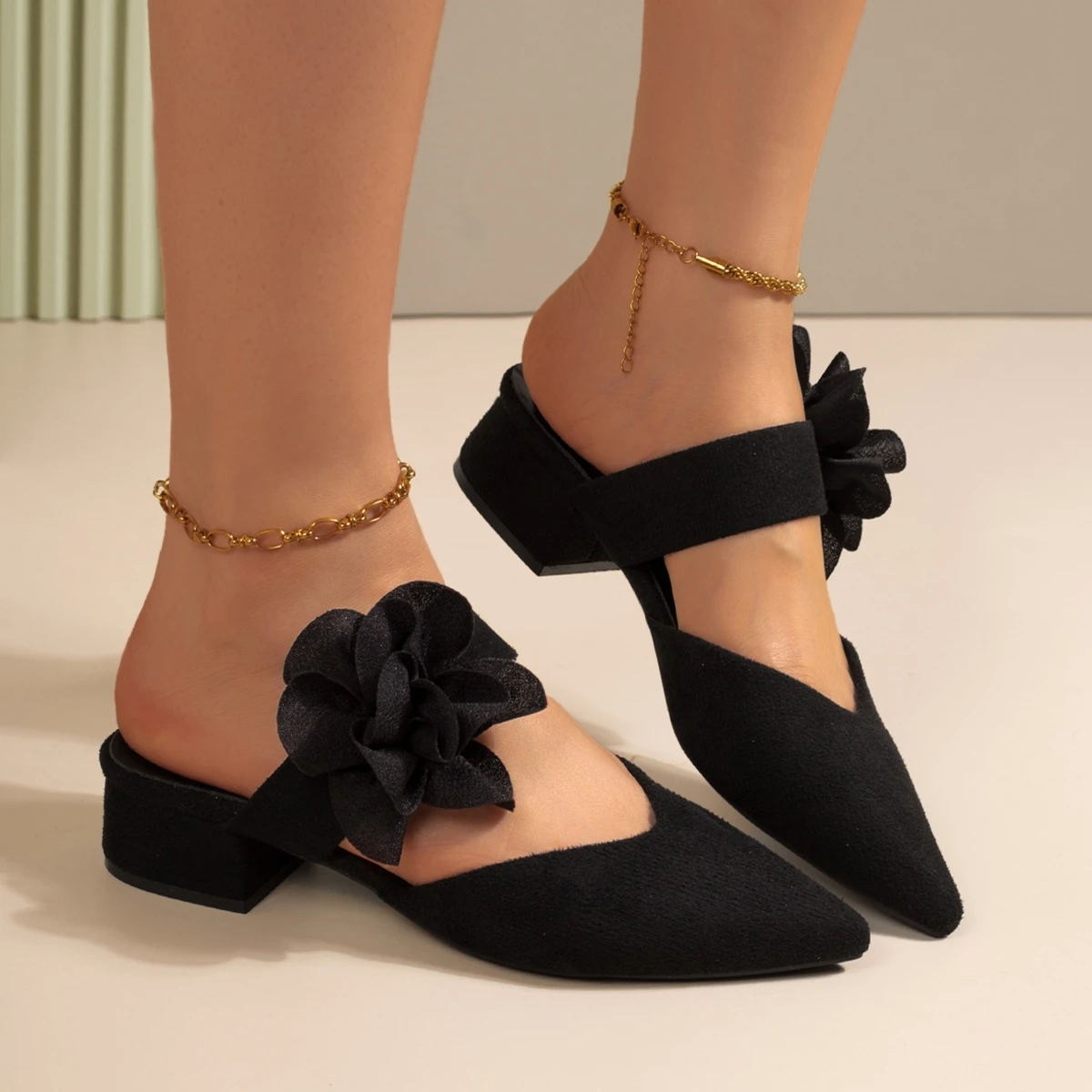 `Women Pointed Toe Suede 3D Fabric Flower Low Block Heel Mules Slip‑On Casual Party Dress Backless Slippers Black`