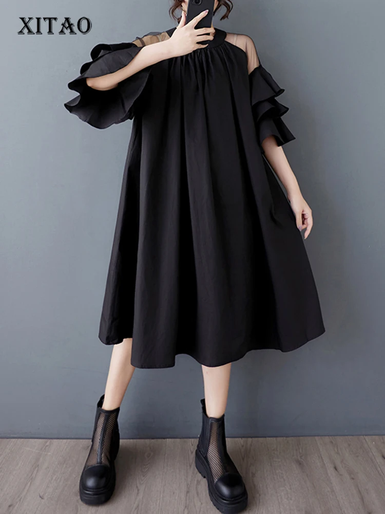 

XITAO сетчатое лоскутное женское свободное платье с круглым вырезом для похудения трапециевидной формы простое однотонное женское темпераментное элегантное платье ZMY1047