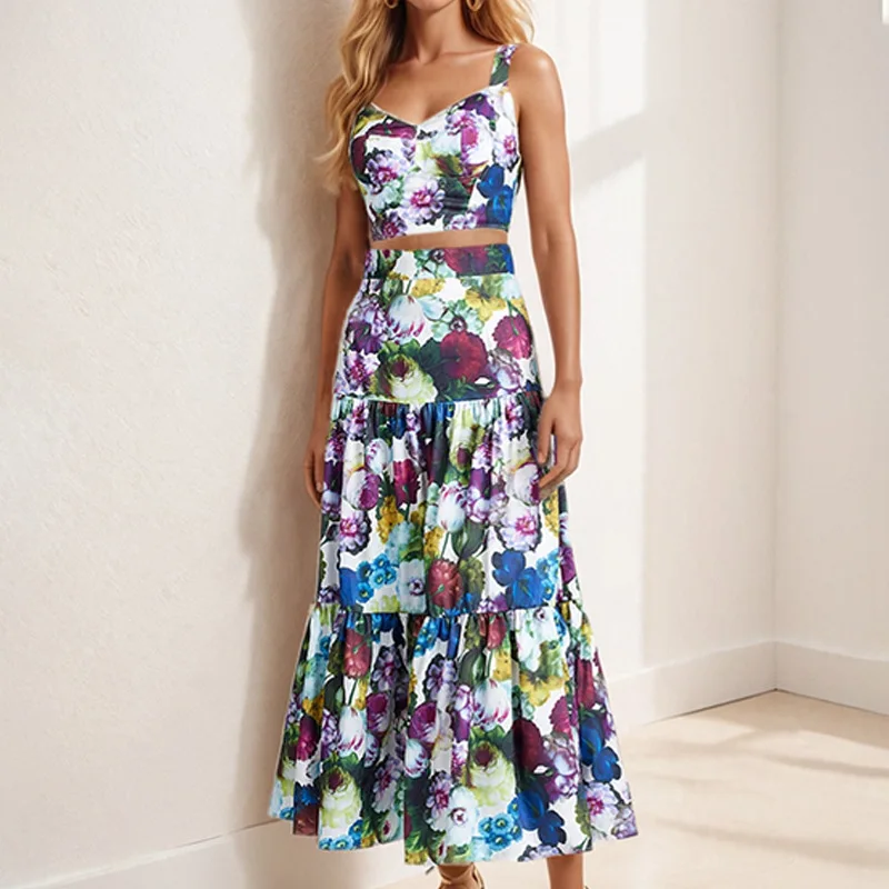 

Moroder 2026, короткий укороченный топ в отпускном стиле, майка без бретелек, длинная юбка трапециевидной формы с ретро-принтом, модный женский комплект из двух предметов