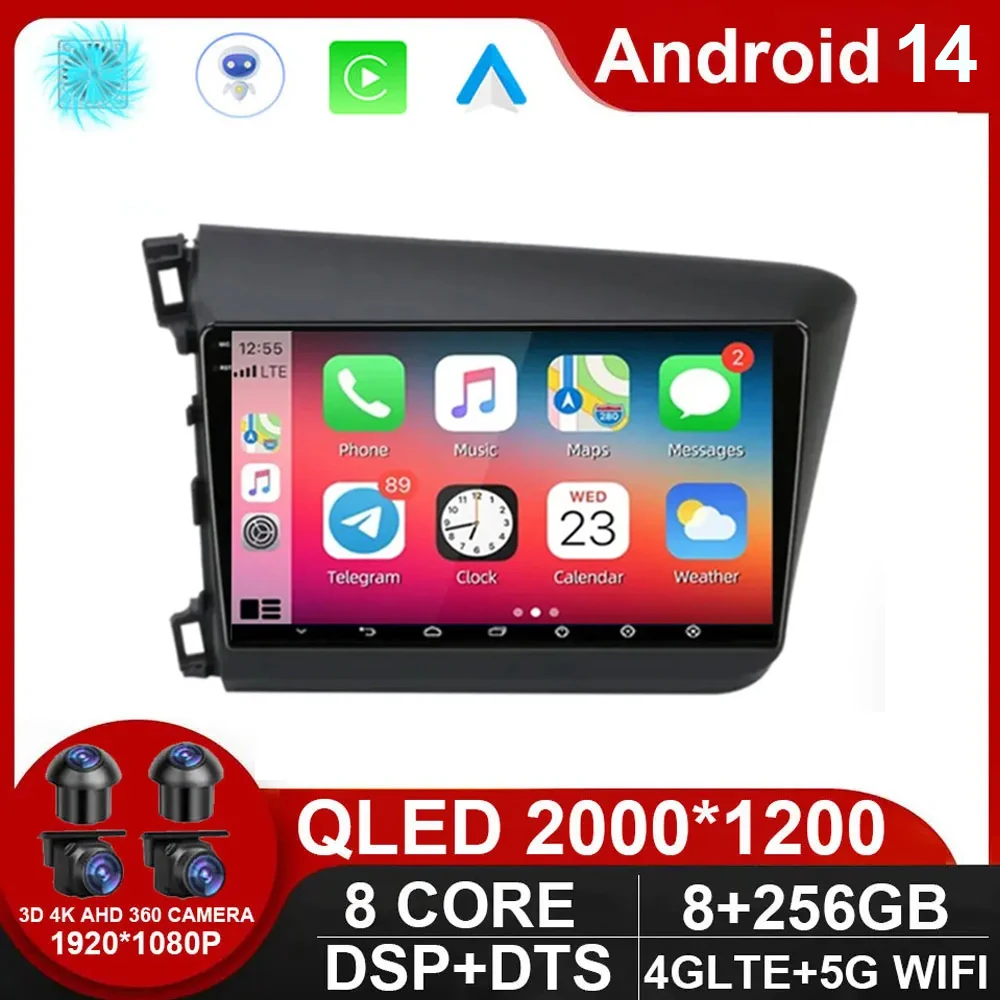 

9" Android 14 Car Radio for Honda Civic 2012 2013 2014 2015 Multimedia Player 2din Carplay Stereo GPS DVD Head Unit NO 2 Din