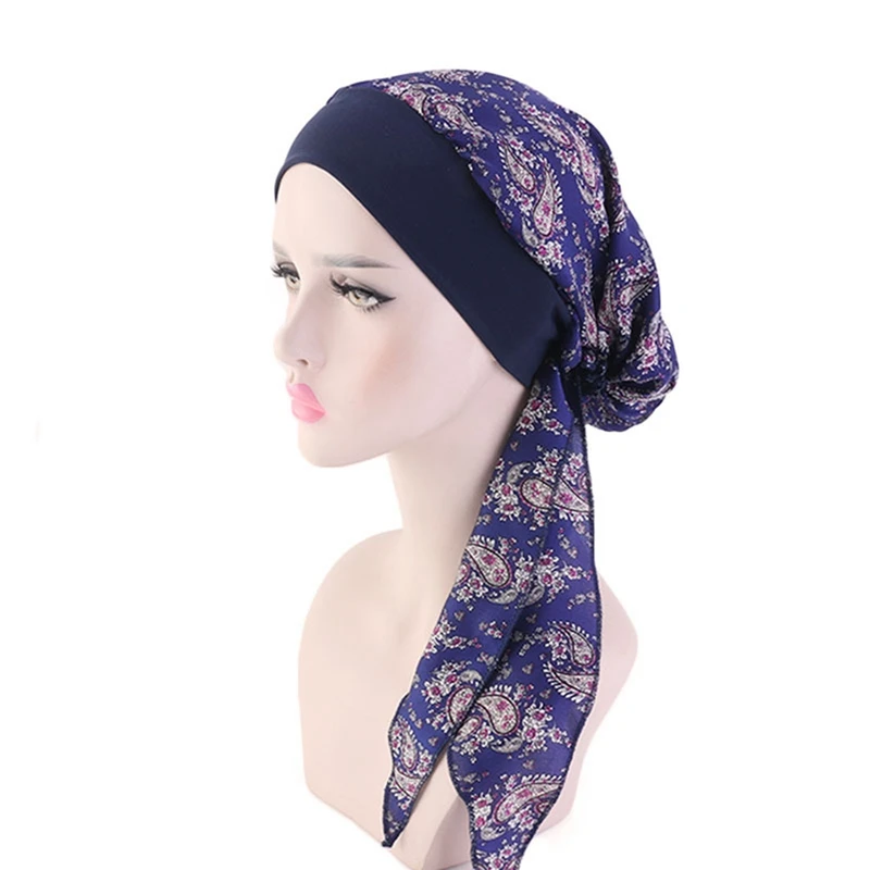 

Elastic Womens Pre-Tied Turban Cap Muslim Hijab Cancer Chemo Flower Print Hat Cover Hair Loss Head Scarf Wrap Strech Bandana