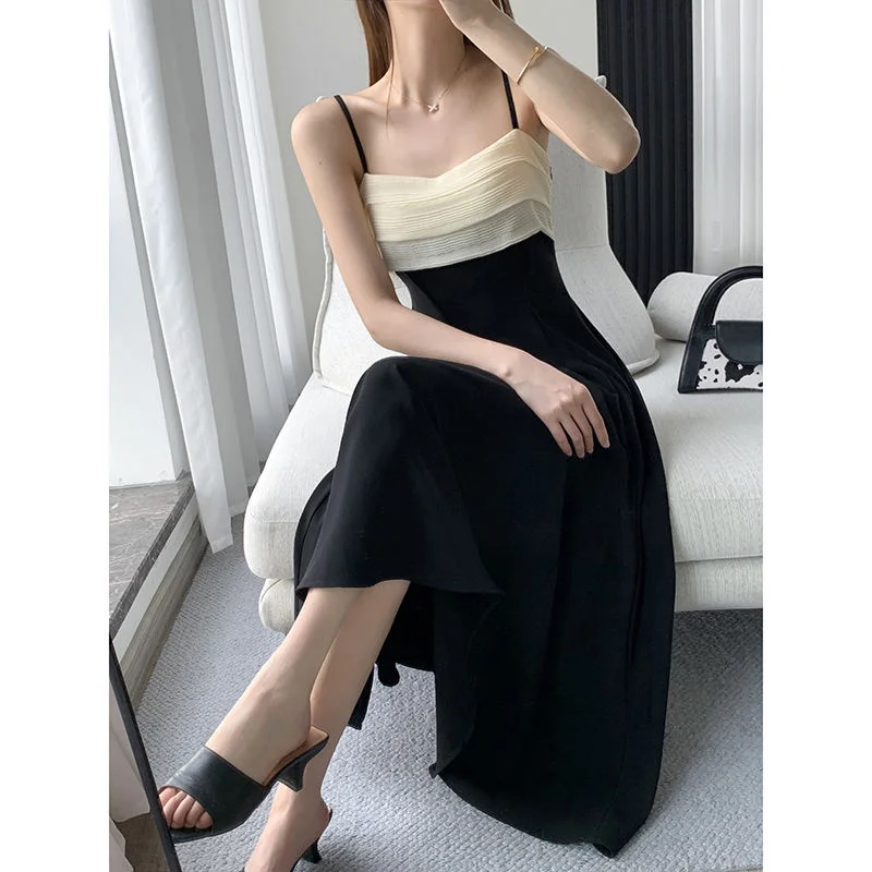 Black Patchwork Spaghetti Strap Dress A-Line High Waist Vintage Midi Dress Elegant Summer Dress Vestidos