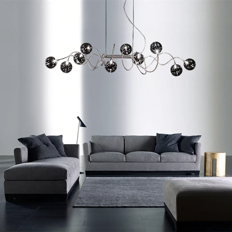Nordic Multiple Heads Magic Bean LED Pendant Lamp Kitchen Dining Bedroom Chrome Body Chandelier Two Glass Shades Are Available