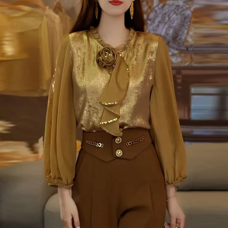 

Женская одежда, стильная блузка с рюшами и 3D цветами и блестками, винтажная элегантная роскошная шикарная рубашка, весенние свободные топы с длинными рукавами, Blusas