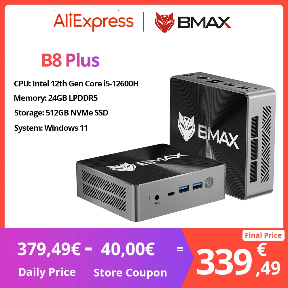 BMAX B8 Plus Mini PC Intel Core i5-12600H Turbo Częstotliwość 4,5 GHz 24 GB DDR5 RAM 512 GB NVMe SSD WiFi 5 Bluetooth 5.0