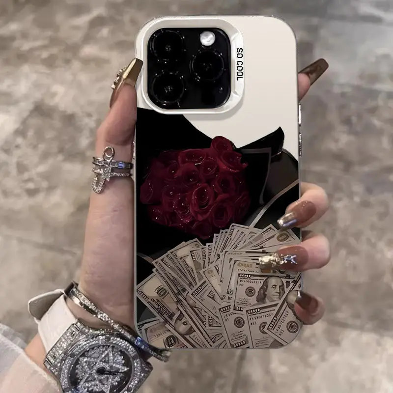 Phone Cases Iphone 14 ProMax Case 11 12 13 15 Pro 7 8 16 Plus X XSMax XR Mini SE 2022 Laser Shockproof Cover with Banknote Rose