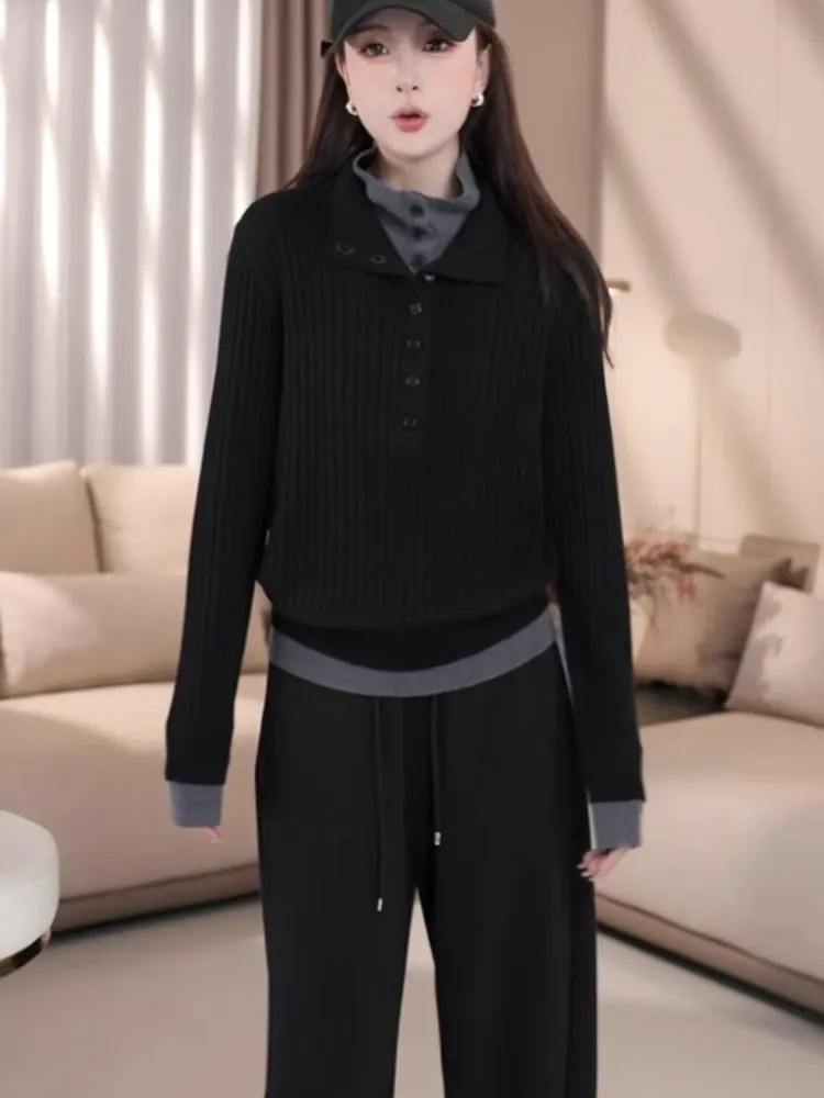 الكورية Sle عالية الياقة f مفتوحة محبوك سترة عادية تخفيف طويل Sve الخريف جديد Sle المرأة وهمية قطعتين سترة