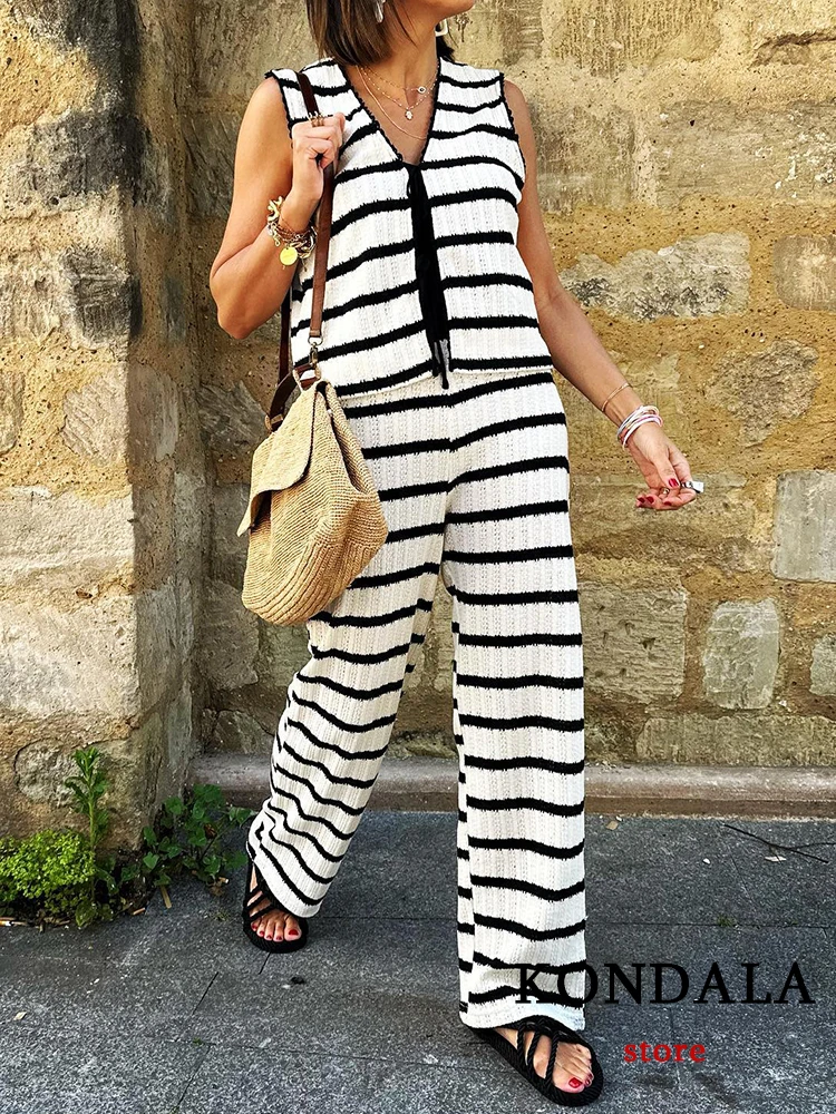 KONDALA New Chic Streetwear Striped Women Suit Fashion 2023 Casual Lace Sleeveless Vest Top Knit Wide Leg Long Pants Holiday Set