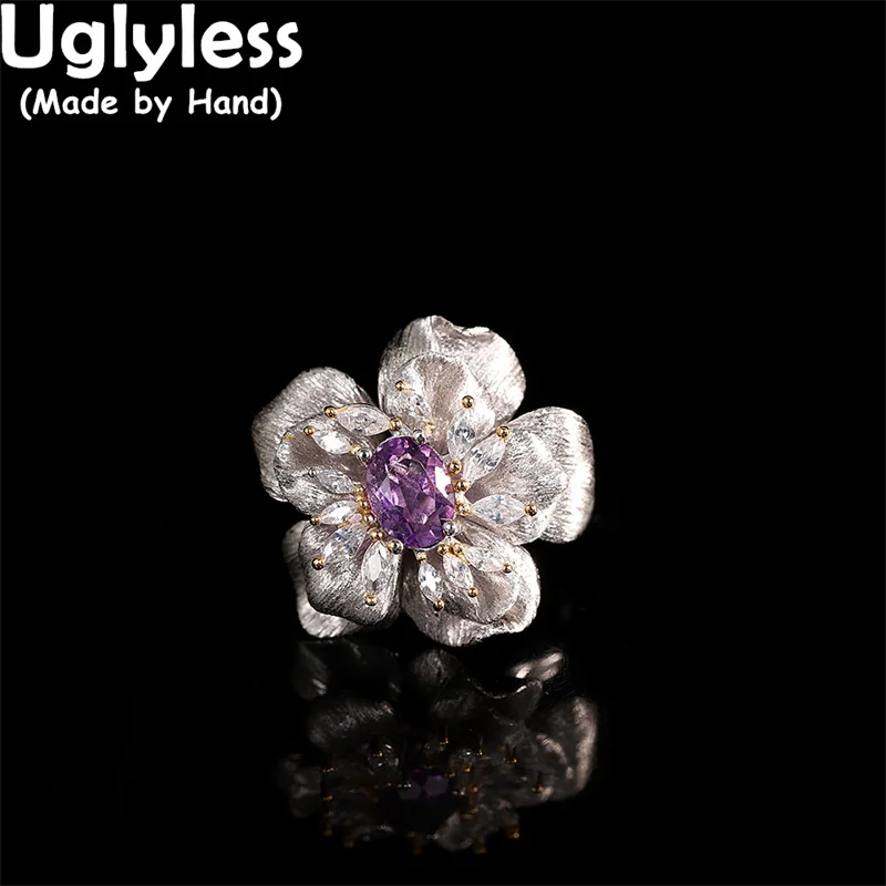 Uglyless Gorgeous Blooming Amethyst Topaz Flowers Rings Women Exaggerated Big Floral Ring 925 Sterling Silver Unusual Jewelry