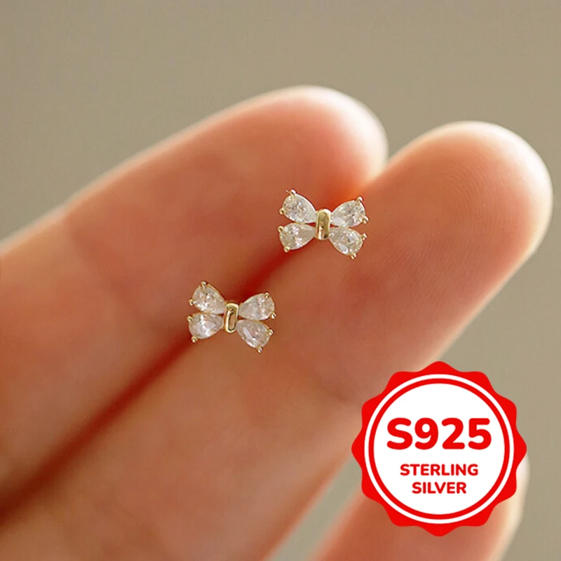 

S925 authentic sterling silver gold-plated mini bow stud earrings for women versatile elegant retro light luxury exquisite
