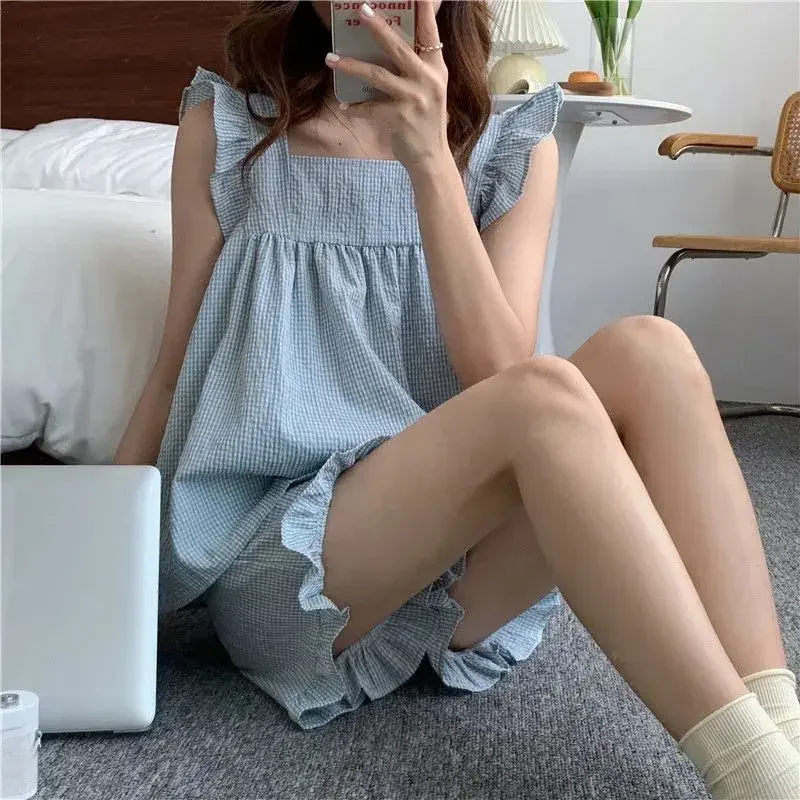 

Pajama Pants Set Women's Clothing Homewear Spring Summer Thin Plaid Cute French Outer Wear Comfortable Casual Breathable Loose