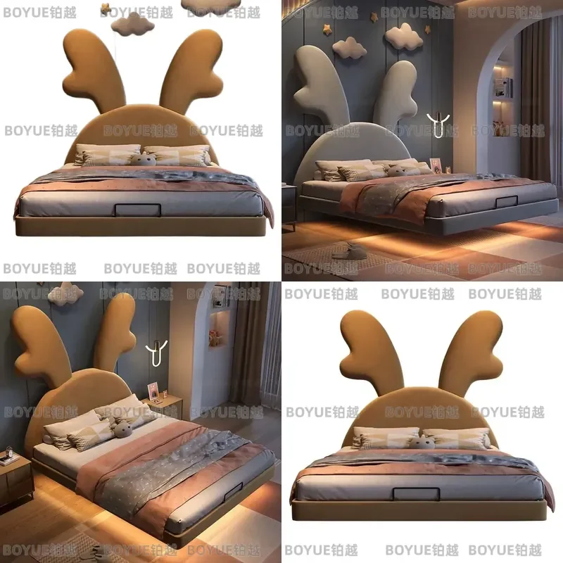 Cute Rabbit Shaped Kids Bed Flannel Upholstered Animal Theme Bedroom Furniture for Boys Girls European Style Children