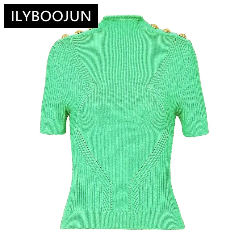 

Four Colors Of High Elastic Knitted Fabric Half High Collar Shoulder Button Up Short Sleeves Slim Fit And Casual Women Pullover