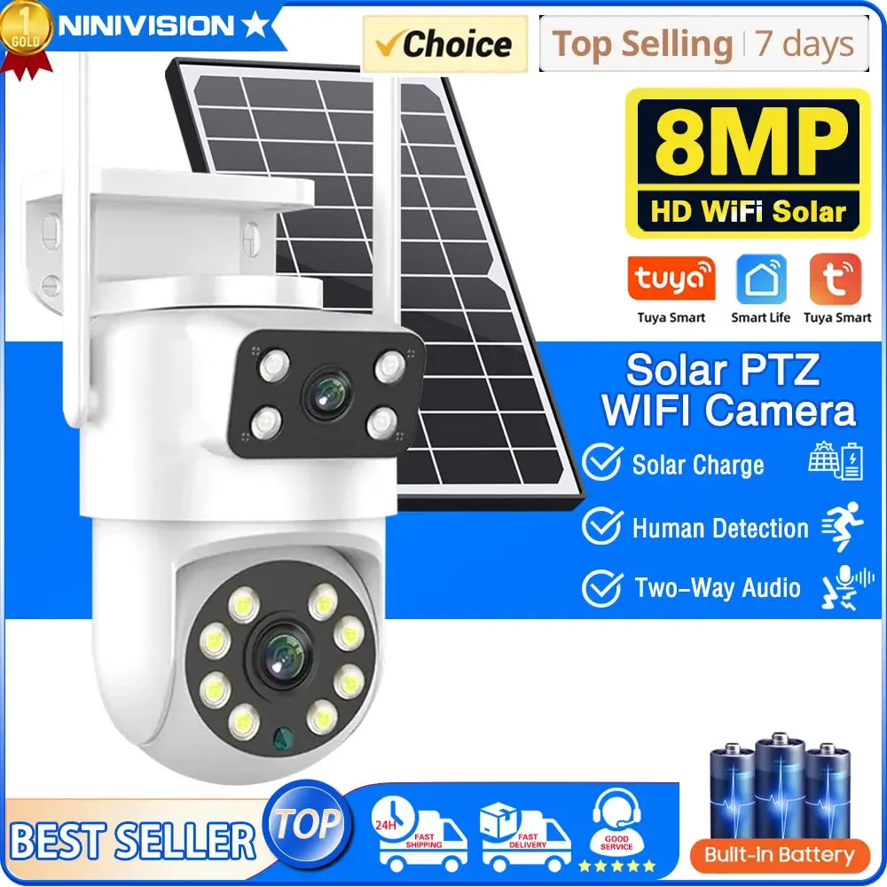 

Tuya 8MP 4K Solar Wirelesss IP Camera Color Night Vision Outdoor 4MP Dual Lens Wifi PTZ Security Camera Auto Tracking Smart Life