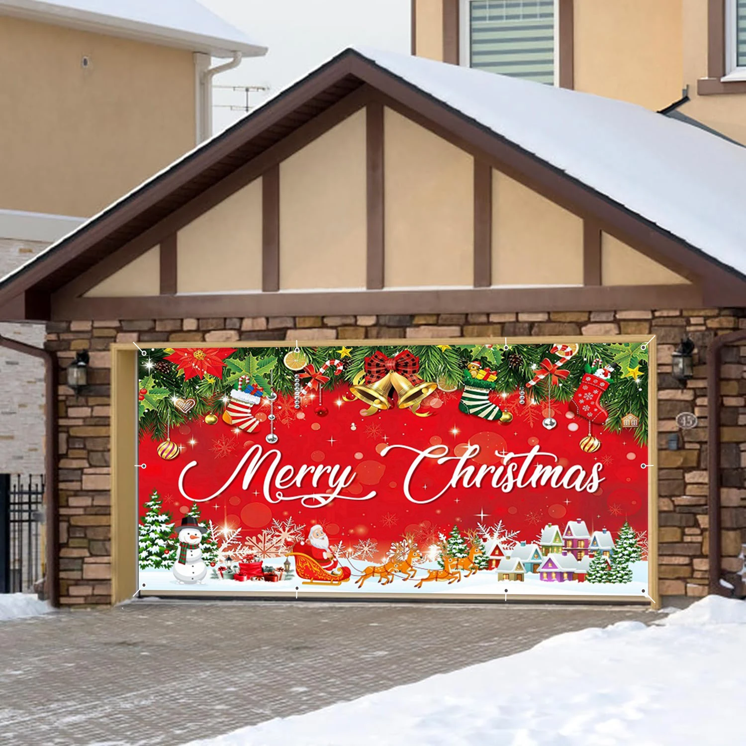 

Red Merry Christmas Garage Wall Background Winter Snow Small Houses Snowman Santa Claus Xmas Wreath Garage Door Frame With Hooks