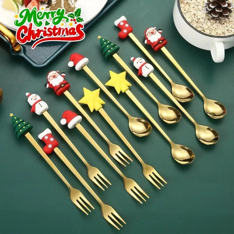 Stainless Steel Christmas Spoon Fork Set for Coffee Tea Soup Cake Fruit Utensils Dinner Party Cutlery Collection