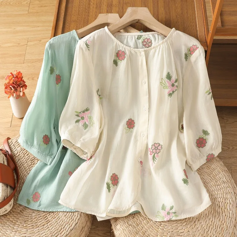 

Женская одежда в китайском стиле, блузки, винтажные рубашки с вышивкой, свободная летняя одежда, хлопковые льняные женские топы с короткими рукавами