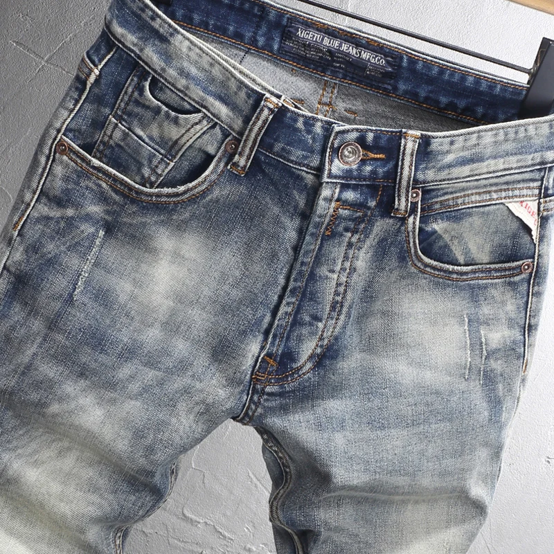 Italian Style Fashion Men Jeans High Quality Retro Washed Blue Stretch Slim Fit Ripped Jeans Men Vintage Designer Denim Pants