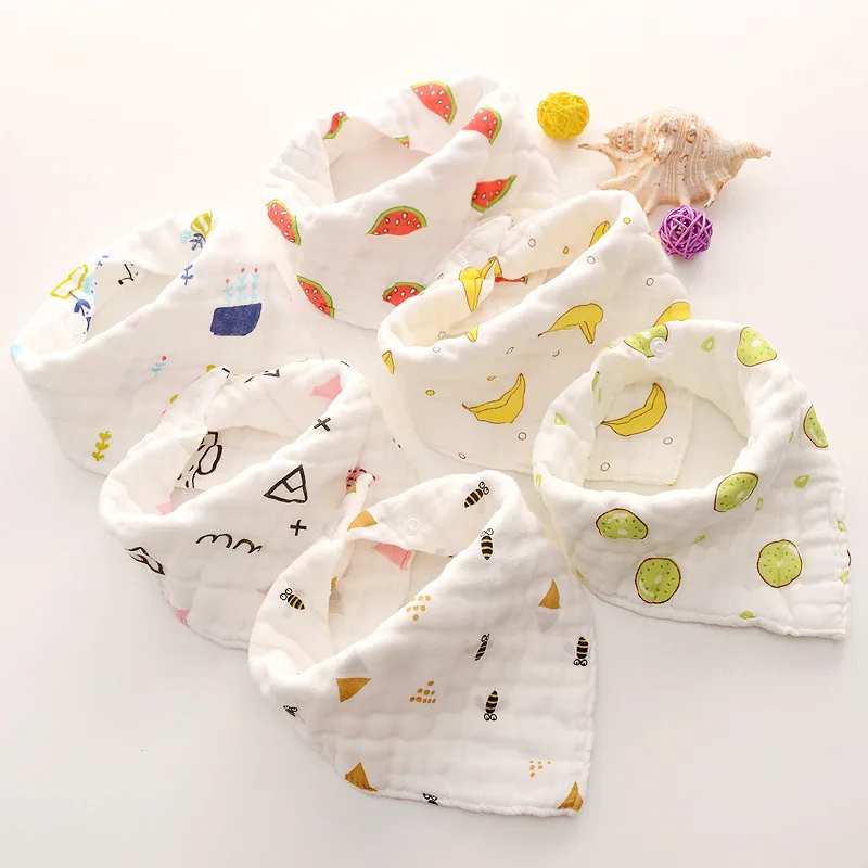 

5Pcs Six Layer High-density Triangle Scarf Baby Saliva Scarf Button Type Bib Printed Saliva Scarf Cartoon Bibs