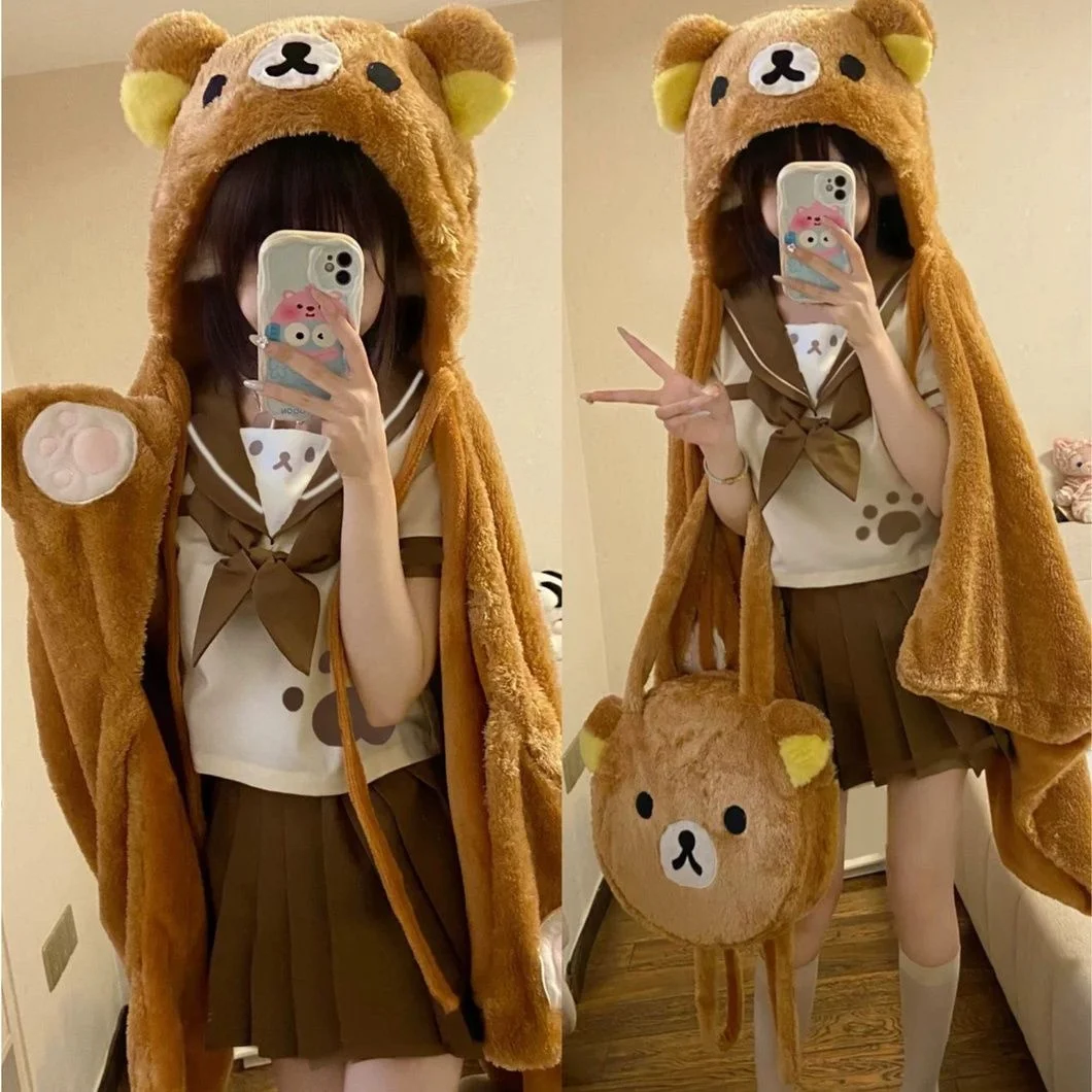 Rilakkuma Shawl Cloak Lolita Y2K Cartoon Kawaii Cotton Clothes Nap Blanket Home Absorb Heat Air Condition Blanket Student Cloak